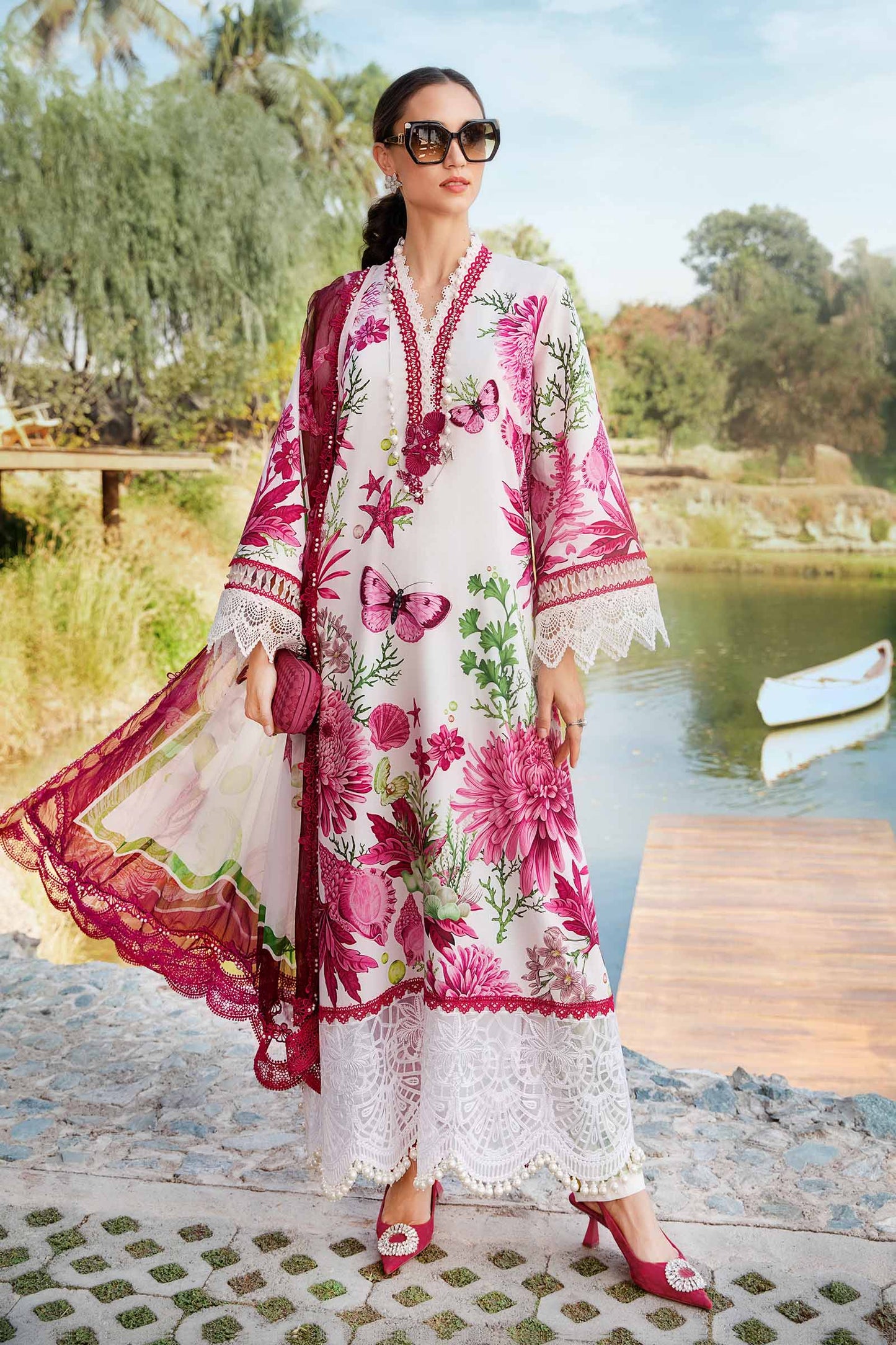 3 Piece Unstitched Printed Lawn Suit โ White & Pink Elegance