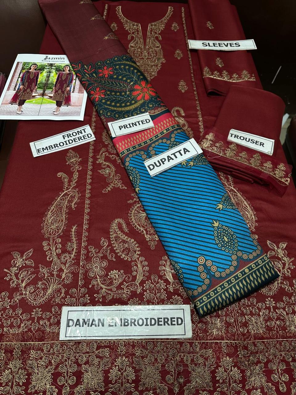 JAZMIN - 3PC EMBROIDERED LAWN SHIRT AND LAWN DUPPATA WITH TROUSER