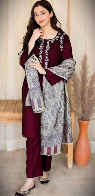 Aisling Winter Dhanak Embroidered 3PC Suit with Wool Shawl-AS-622