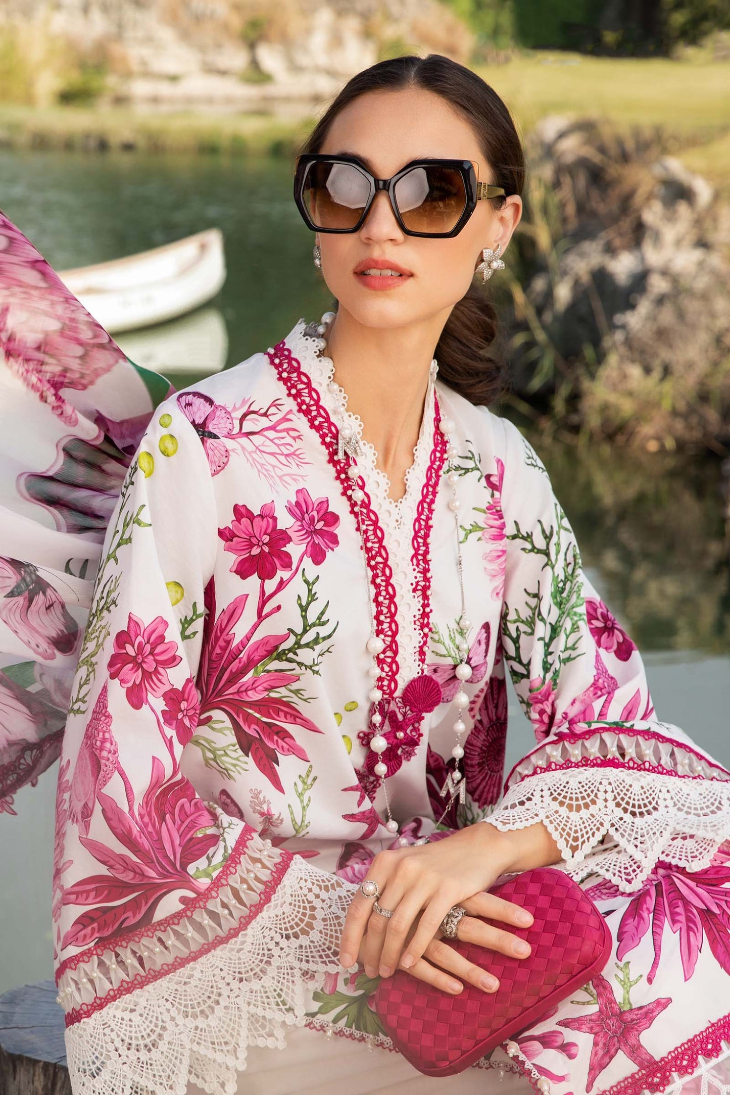 3 Piece Unstitched Printed Lawn Suit – White & Pink Elegance