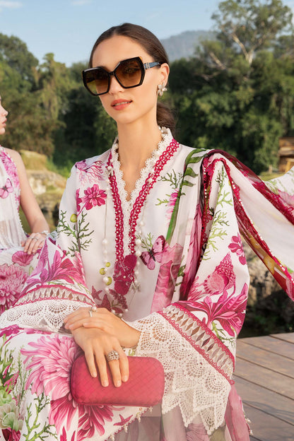 3 Piece Unstitched Printed Lawn Suit – White & Pink Elegance