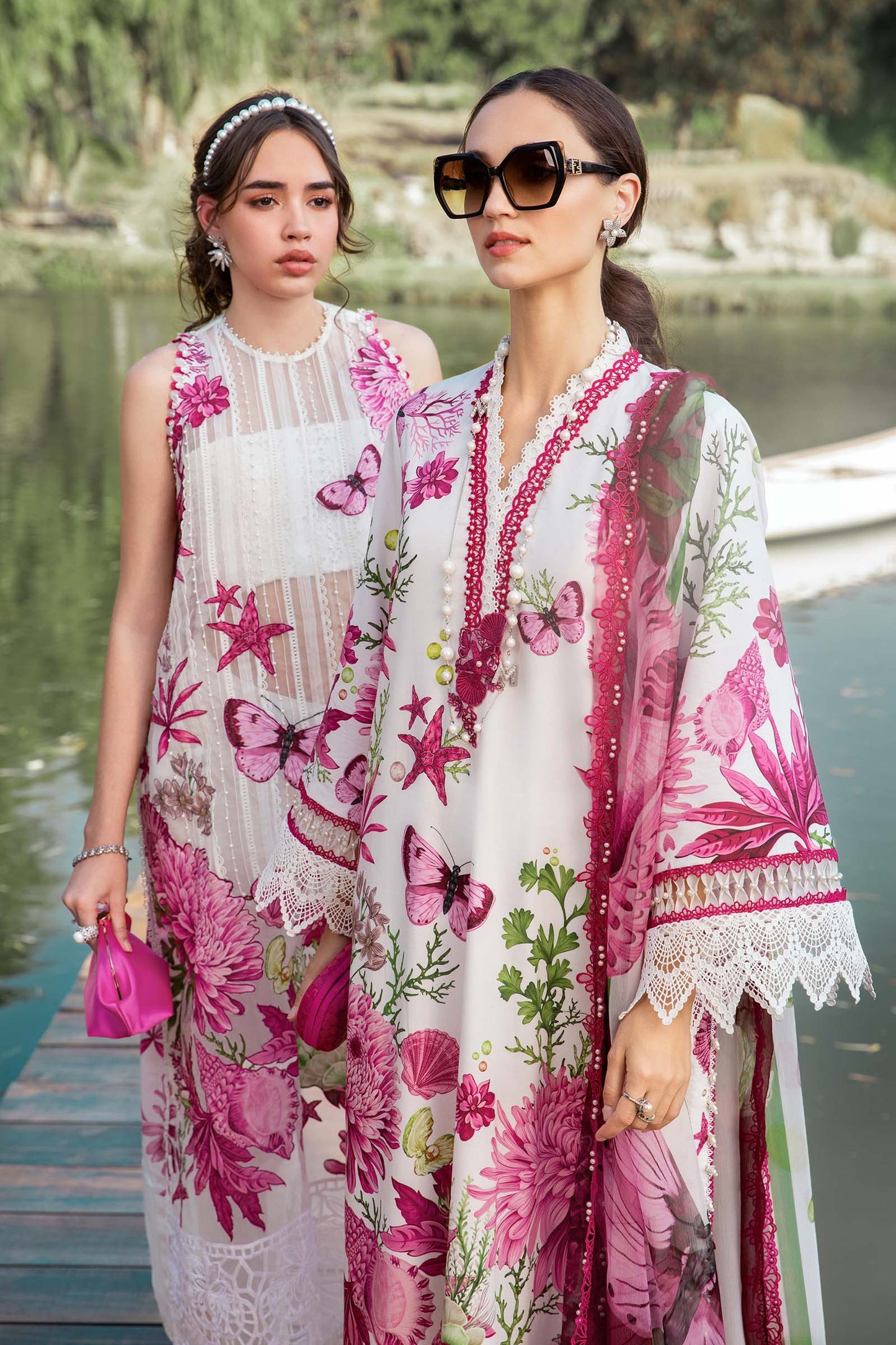 3 Piece Unstitched Printed Lawn Suit – White & Pink Elegance