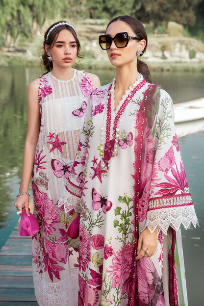 3 Piece Unstitched Printed Lawn Suit – White & Pink Elegance