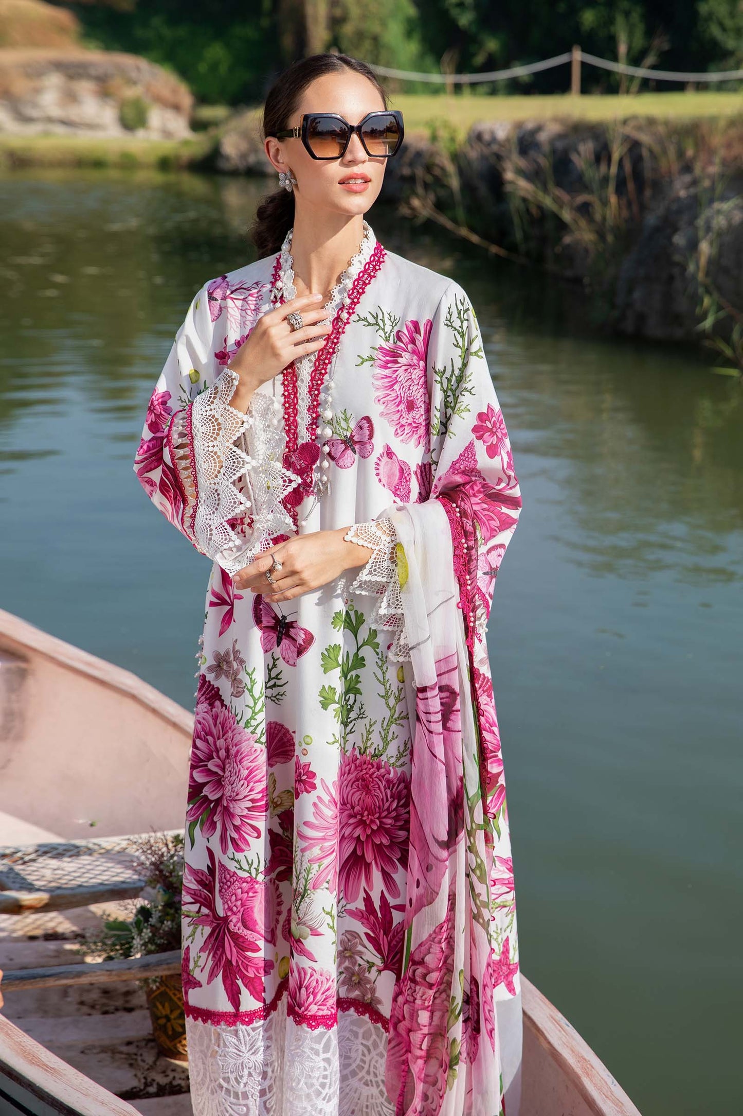 3 Piece Unstitched Printed Lawn Suit – White & Pink Elegance