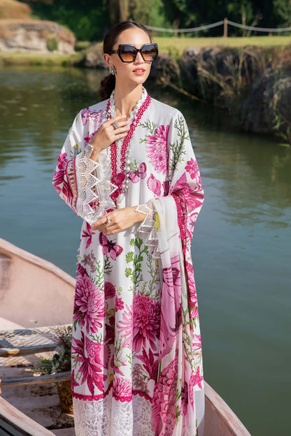 3 Piece Unstitched Printed Lawn Suit – White & Pink Elegance