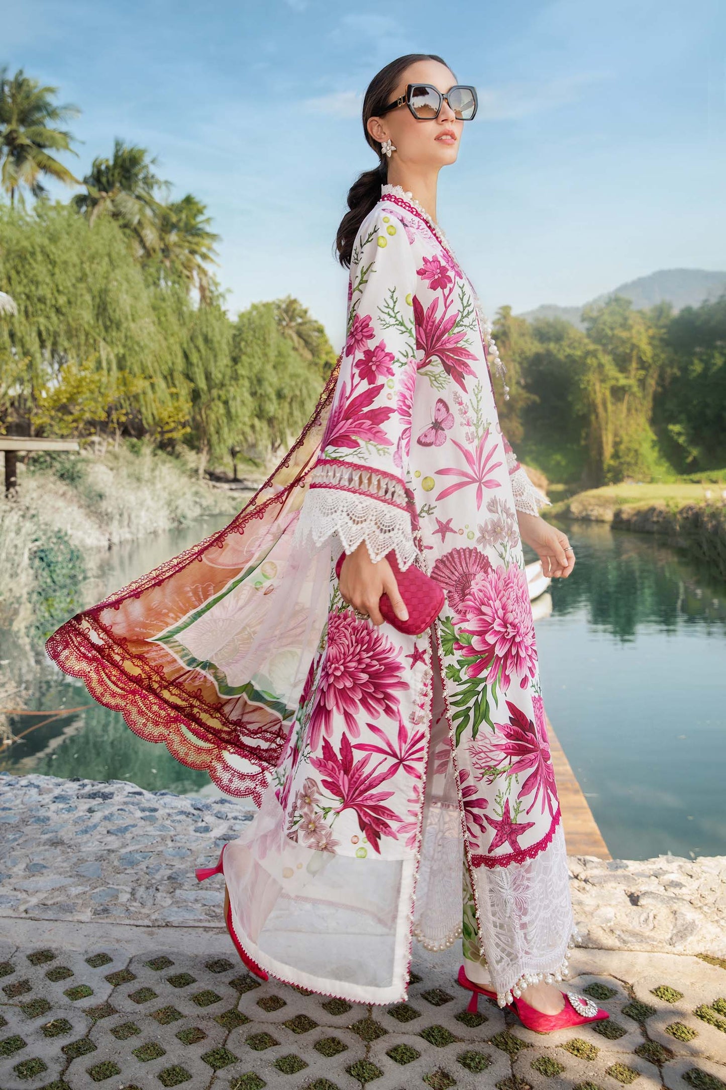 3 Piece Unstitched Printed Lawn Suit – White & Pink Elegance