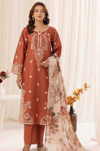 Urge - 3pc Embroidered Lawn Shirt with printed dupatta and Dyed Trouser