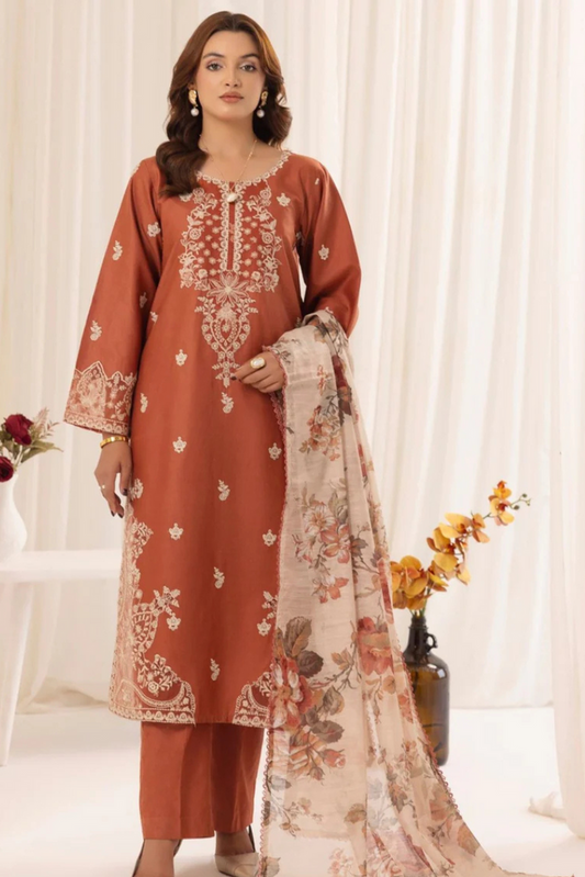 Urge - 3pc Embroidered Lawn Shirt with printed dupatta and Dyed Trouser