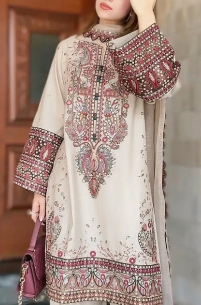 Winter 3PC Dhanak Chickenkari Embroidered Suit with Embroidered Shawl–1158