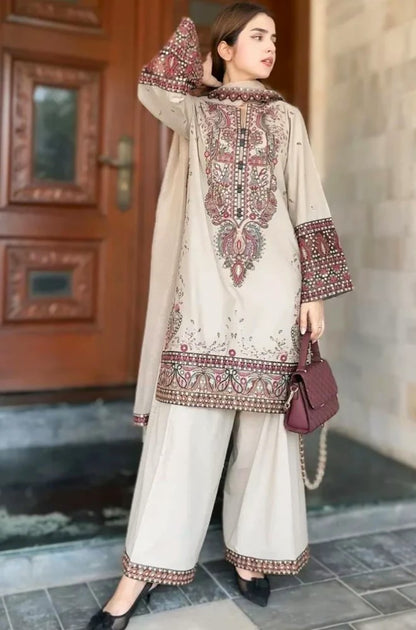 Winter 3PC Dhanak Chickenkari Embroidered Suit with Embroidered Shawl–1158