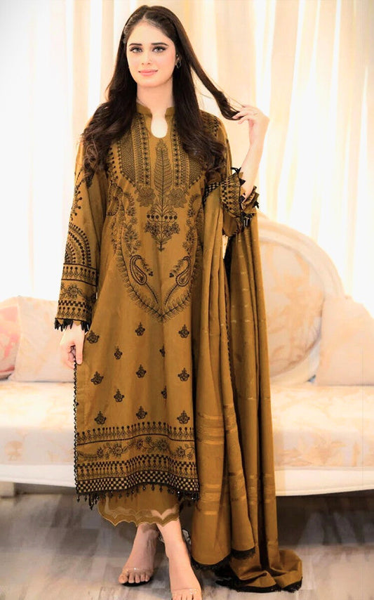 Dhanak-3PC Embroidered Shirt with Dhanak Embroidered Dupatta -3398