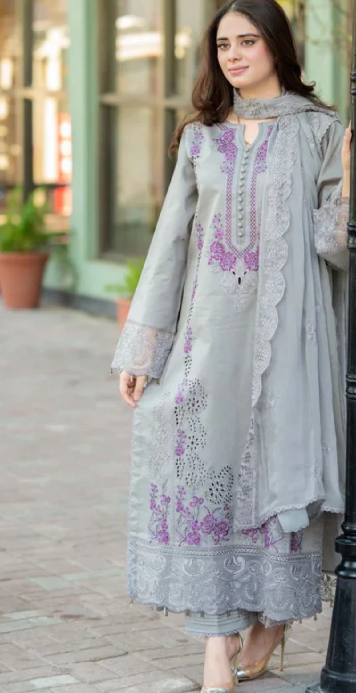 Dhanak 3PC Chikankari Embroidered Suit with Embroidered  Dhanak shawl– 0289
