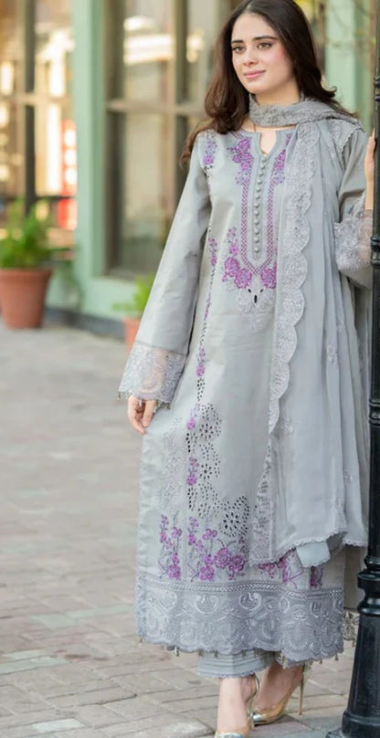 Dhanak 3PC Chikankari Embroidered Suit with Embroidered  Dhanak shawl– 0289
