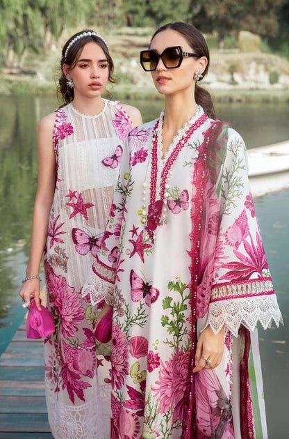 3 Piece Unstitched Printed Lawn Suit – White & Pink Elegance