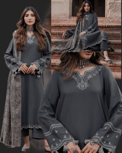 IZEL DHANAK EMBROIDERED 3PC SUIT WITH PRINTED DUPATTA – 1185
