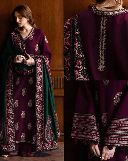 Dhanak 3PC Embroidered Suit with Dhanak Embroidered Dupatta-3563