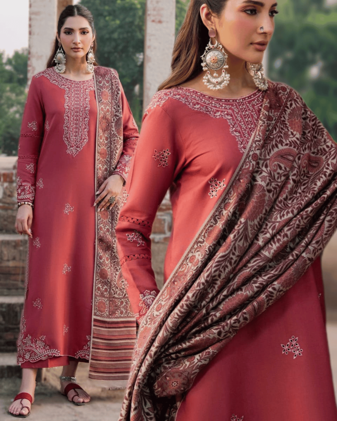 Luxury Dhanak 3PC Embroidered Suit with Printed Wool  Shawl-4356