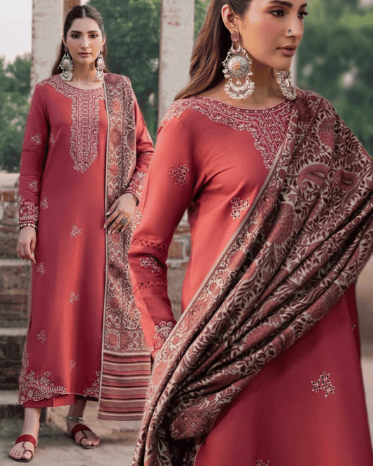 Luxury Dhanak 3PC Embroidered Suit with Printed Wool  Shawl-4356