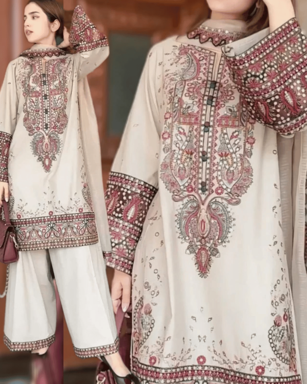Winter 3PC Dhanak Chickenkari Embroidered Suit with Embroidered Shawl–1158