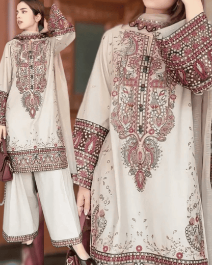 Winter 3PC Dhanak Chickenkari Embroidered Suit with Embroidered Shawl–1158