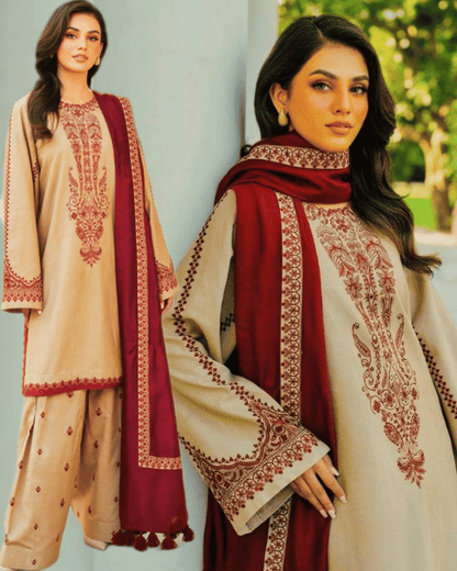 DHANAK EMBROIDERED 3PC SUIT WITH EMBROIDERED DUPATTA – 2016