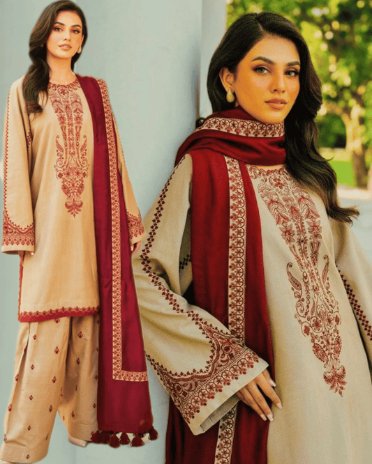 DHANAK EMBROIDERED 3PC SUIT WITH EMBROIDERED DUPATTA – 2016