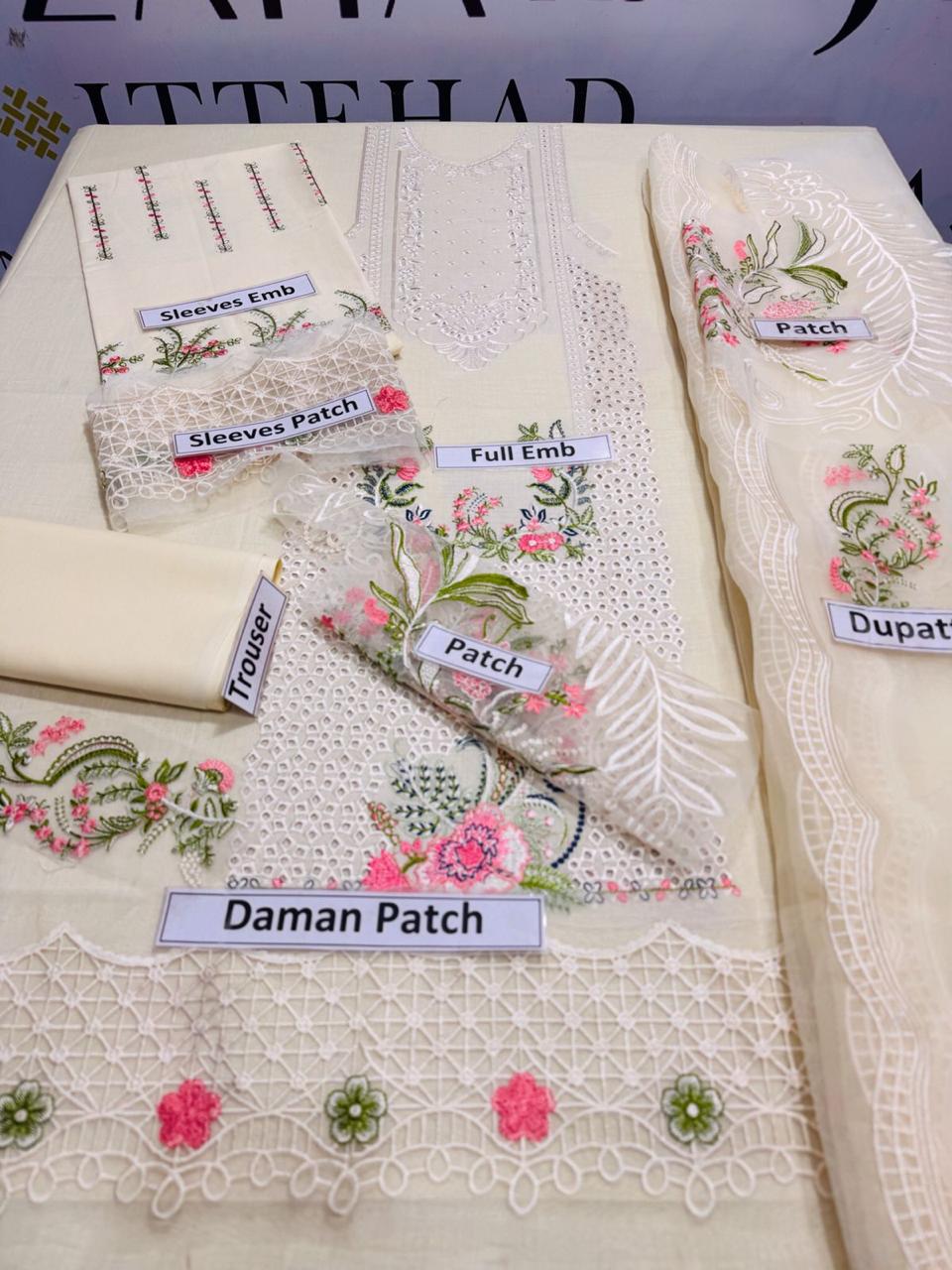 Qalamkar - 3PC EMBROIDERED Chikenkari LAWN SHIRT AND PRINTED DUPPATA WITH Patches