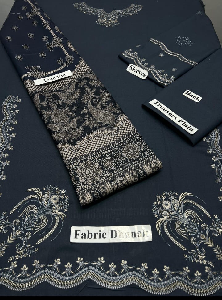 IZEL DHANAK EMBROIDERED 3PC SUIT WITH PRINTED DUPATTA – 1185