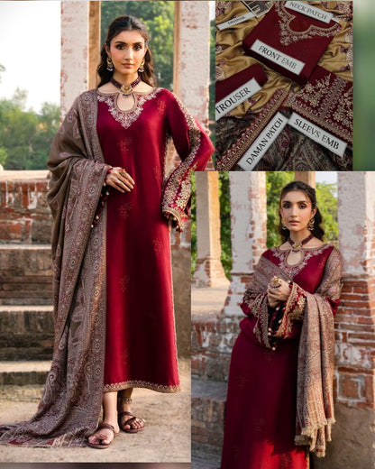LUXURY DHANAK EMBROIDERED 3PC WITH PRINTED SHAWL – Vol’25
