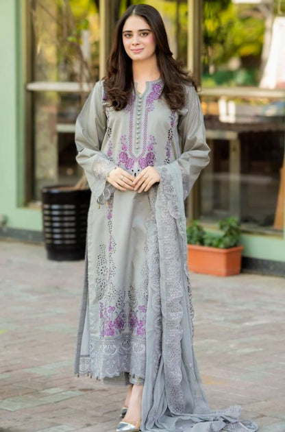 Dhanak 3PC Chikankari Embroidered Suit with Embroidered  Dhanak shawl– 0289