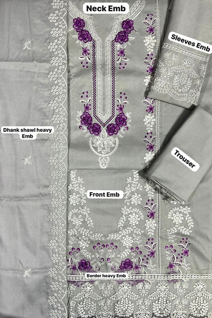 Dhanak 3PC Chikankari Embroidered Suit with Embroidered  Dhanak shawl– 0289