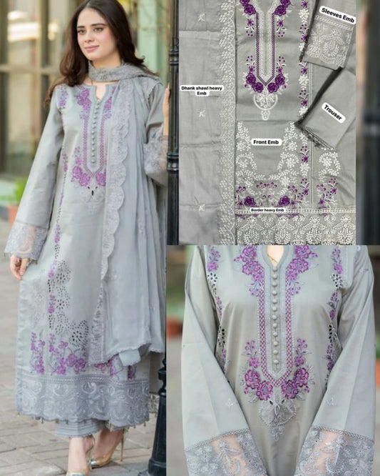 Dhanak 3PC Chikankari Embroidered Suit with Embroidered  Dhanak shawl– 0289