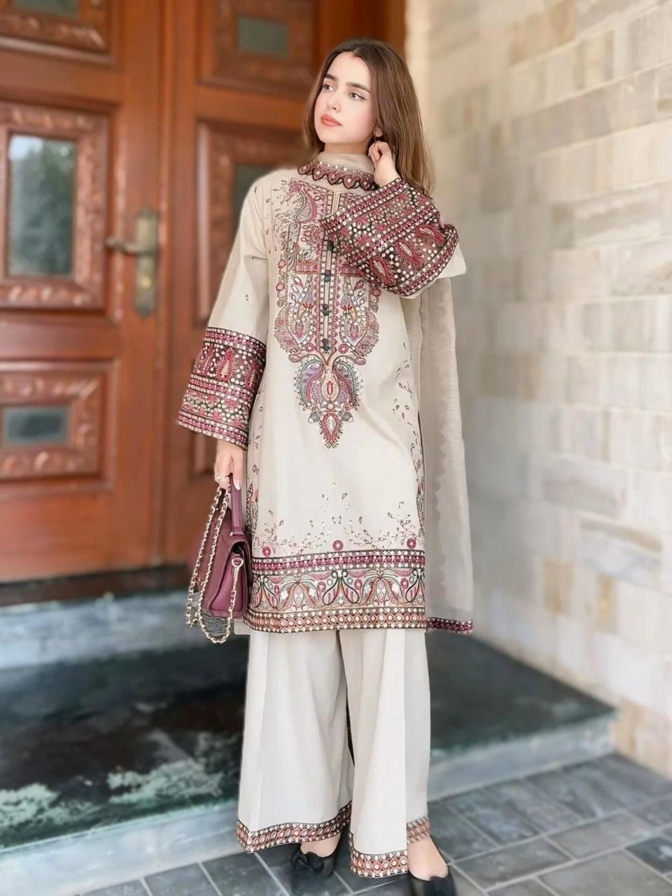 Winter 3PC Dhanak Chickenkari Embroidered Suit with Embroidered Shawl–1158