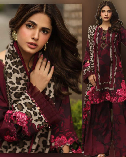 Shahanah Printed Lawn 3PC Suit with Voile Printed Dupatta – 4011