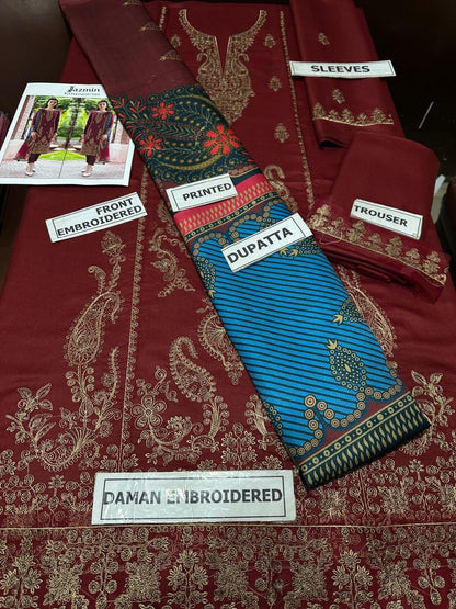 JAZMIN - 3PC EMBROIDERED LAWN SHIRT AND LAWN DUPPATA WITH TROUSER