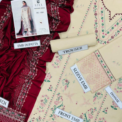 IZEL DHANAK EMBROIDERED 3PC WITH EMBROIDERED DUPATTA-1091