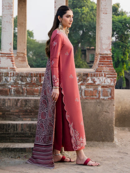 Luxury Dhanak 3PC Embroidered Suit with Printed Wool  Shawl-4356