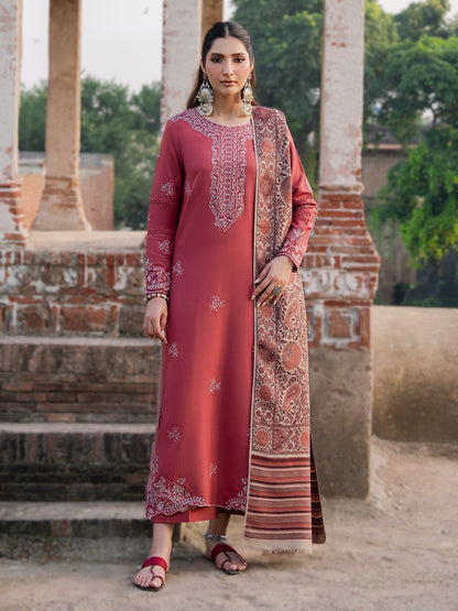 Luxury Dhanak 3PC Embroidered Suit with Printed Wool  Shawl-4356