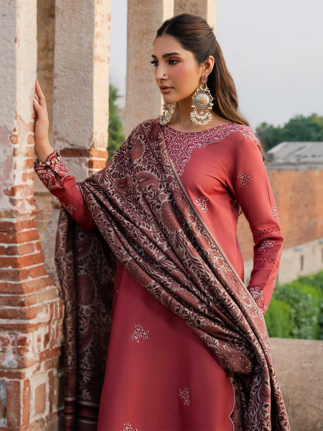 Luxury Dhanak 3PC Embroidered Suit with Printed Wool  Shawl-4356