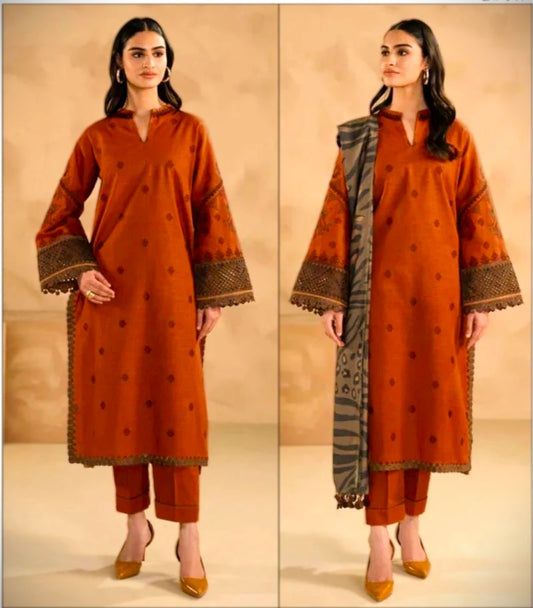 AISLING Dhanak 3PC Embroidered With Digital Printed Wool Shawl-526