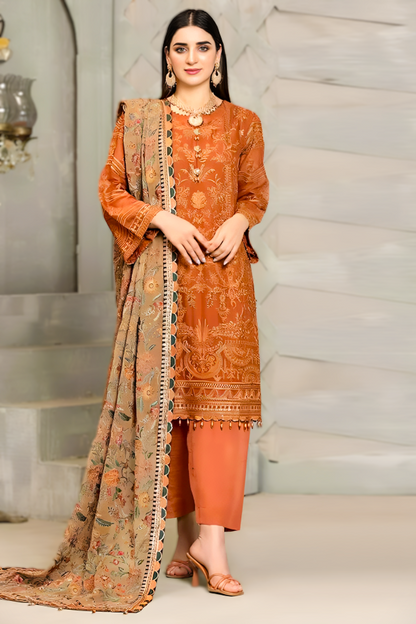 Linen 3PC Embroidered With Chiffon Embroidered Dupatta-672