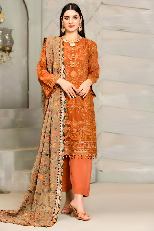 Linen 3PC Embroidered With Chiffon Embroidered Dupatta-672
