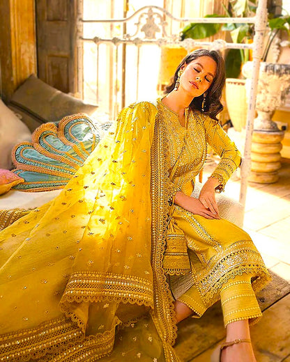 Linen 3PC Embroidered Suit with Organza Dupatta-583