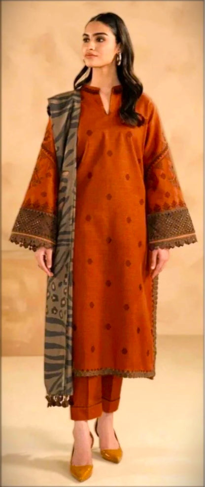 AISLING Dhanak 3PC Embroidered With Digital Printed Wool Shawl-526